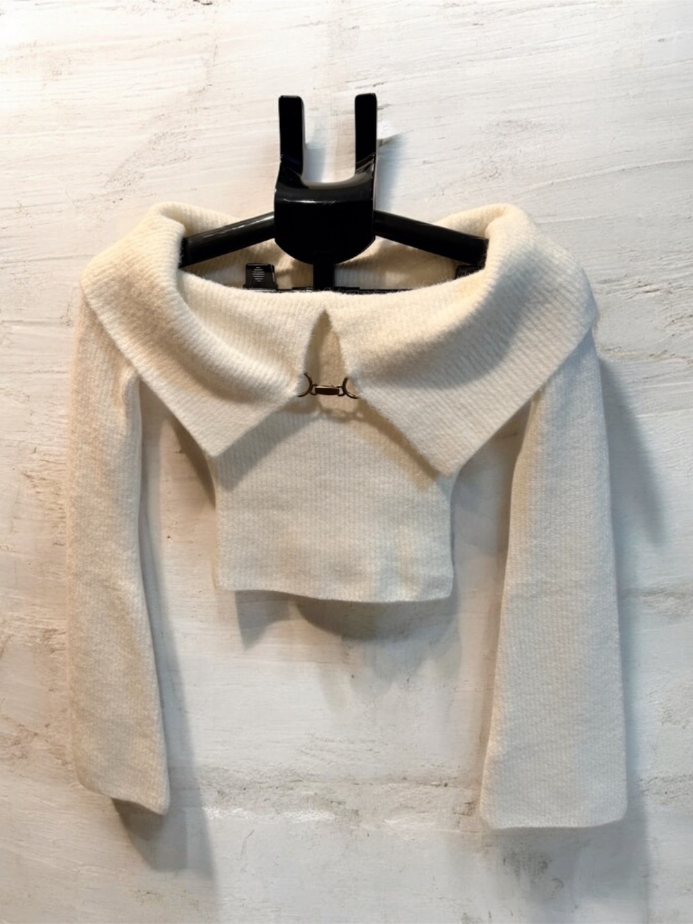MESHKI Ivory Off Shoulder Cropped Knit Top Bell Sleeves Size S